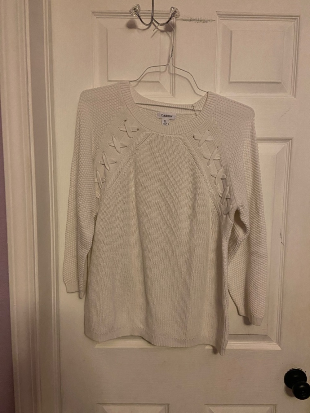 Calvin Klein Cream Lace-Up Raglan Crew Neck Sweater